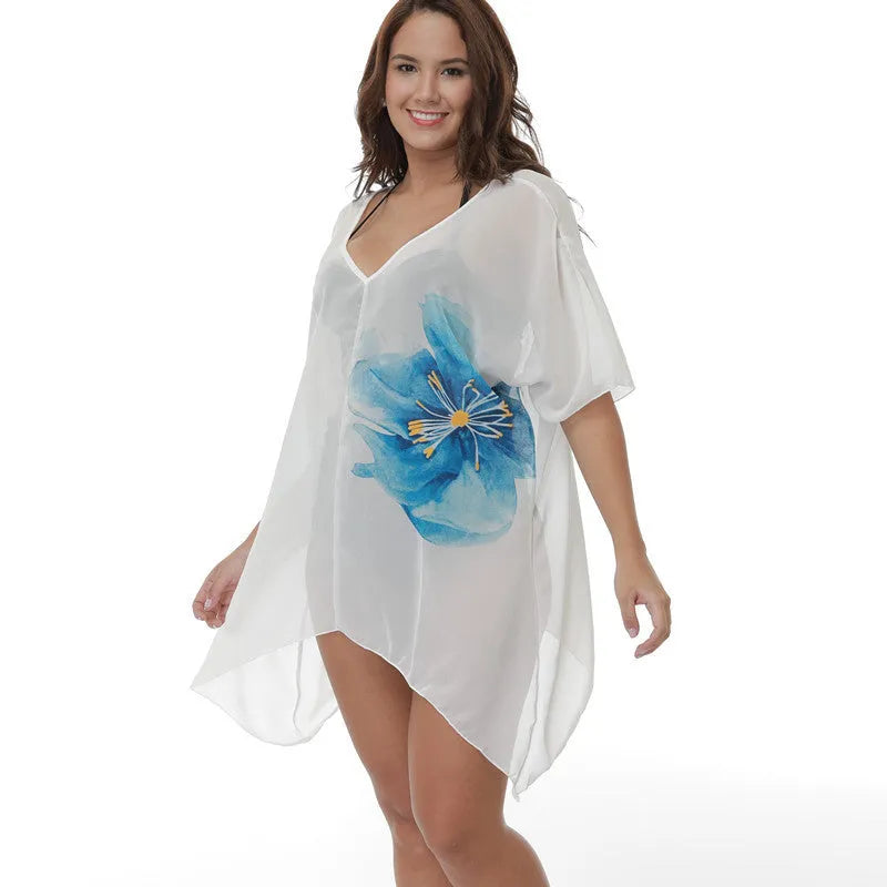 White plus size loose beach cover-up blouse for women, shown as swimsuit cover.