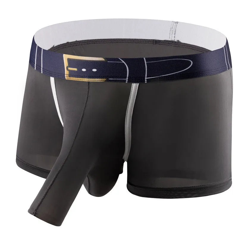 Men's solid colour Ice Silk boxer shorts on a mid waist, showing the grey colour option.