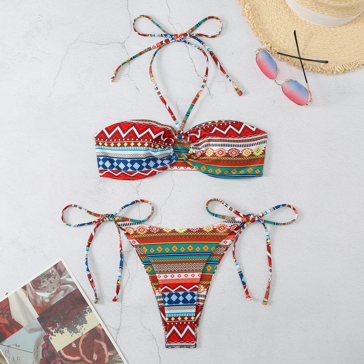 Women's halter neck bikini swimsuit in polyester with briefs style bottom