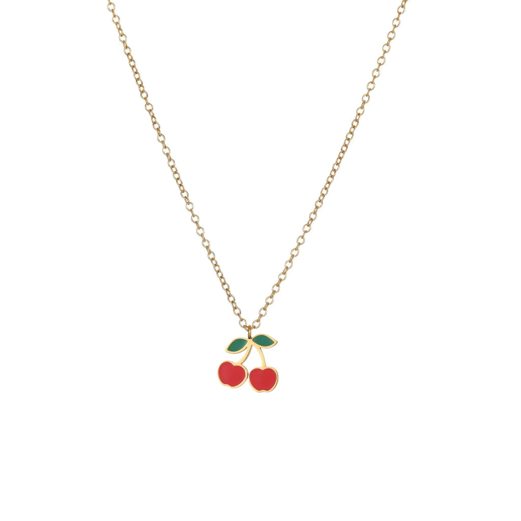 Cherry-themed jewellery set showing stainless steel necklace, bracelet, earrings, and ring with 18K gold plating.