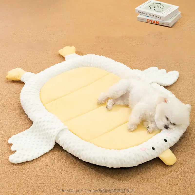 Grey waterproof orthopedic dog bed with supportive foam filling on wooden floor
