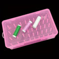Transparent plastic storage box with 42 small compartments for organising sewing threads and embroidery floss.