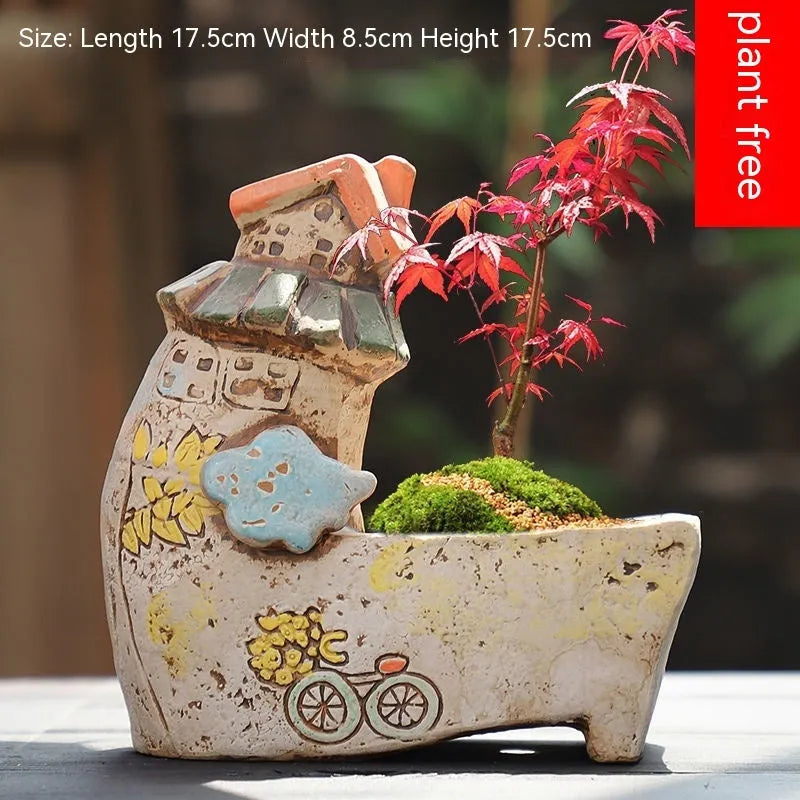 Hand-painted large caliber ceramic combination flower pot with cute pastoral meat and flower design in colour option A
