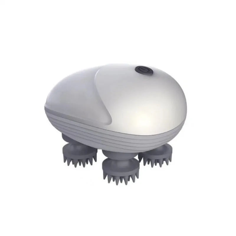 Blue handheld electric pet massager with four rotating heads for cats and dogs on a grey background.