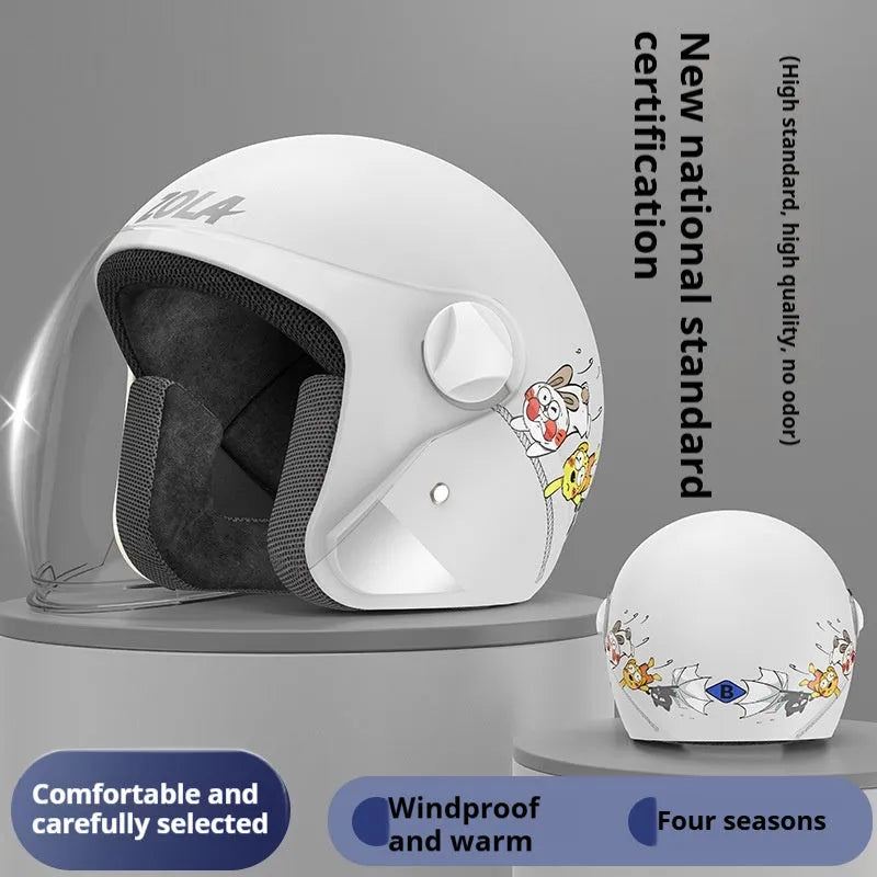 Winter electric bike helmet with anti-fog visor shown in blue colour with attached ear covers.