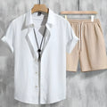 Men's 3D printed Hawaiian pattern short sleeve shirt with matching elastic waist shorts, shown in picture colour.