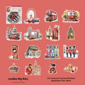 Retro-style printed stickers showing architecture from Paris Arc de Triomphe, London Big Ben, Maldives, Zurich, Rome, and Bangkok.