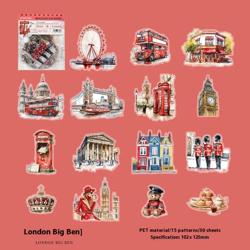 Retro-style printed stickers showing architecture from Paris Arc de Triomphe, London Big Ben, Maldives, Zurich, Rome, and Bangkok.