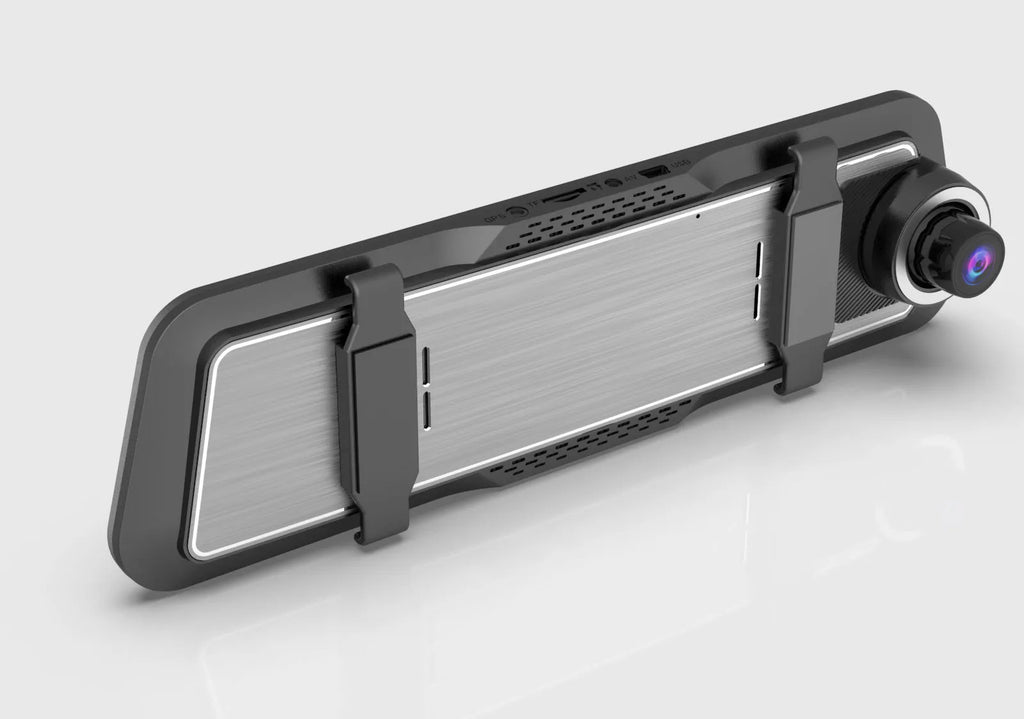 Dual-lens car dash cam with large touch screen mounted on rearview mirror.