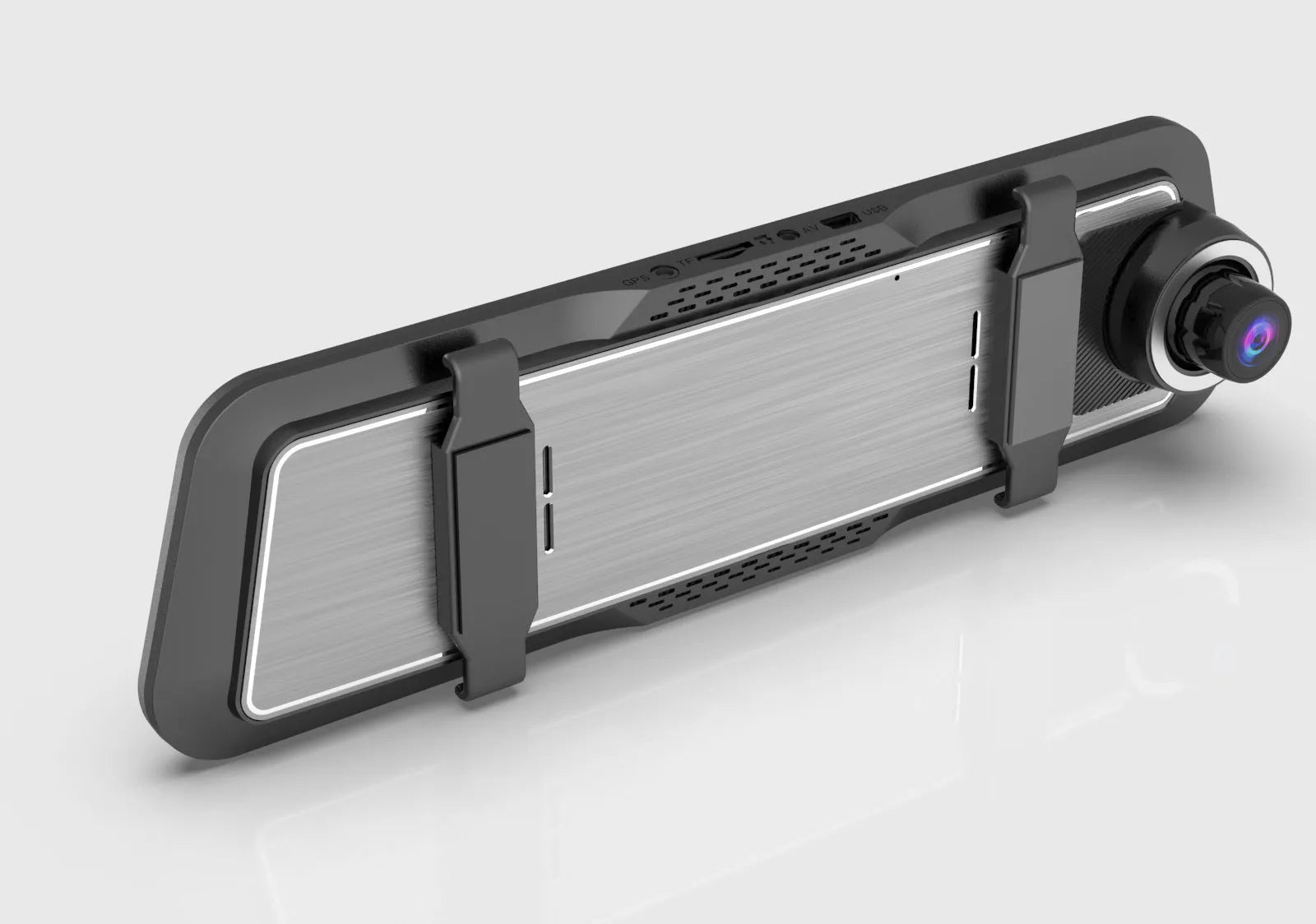 Dual-lens car dash cam with large touch screen mounted on rearview mirror.