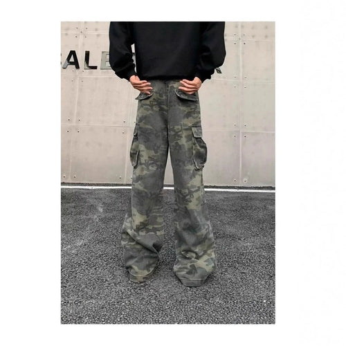 American vintage style washed camouflage cargo pants with multiple pockets on a mid-waist, full-length silhouette.