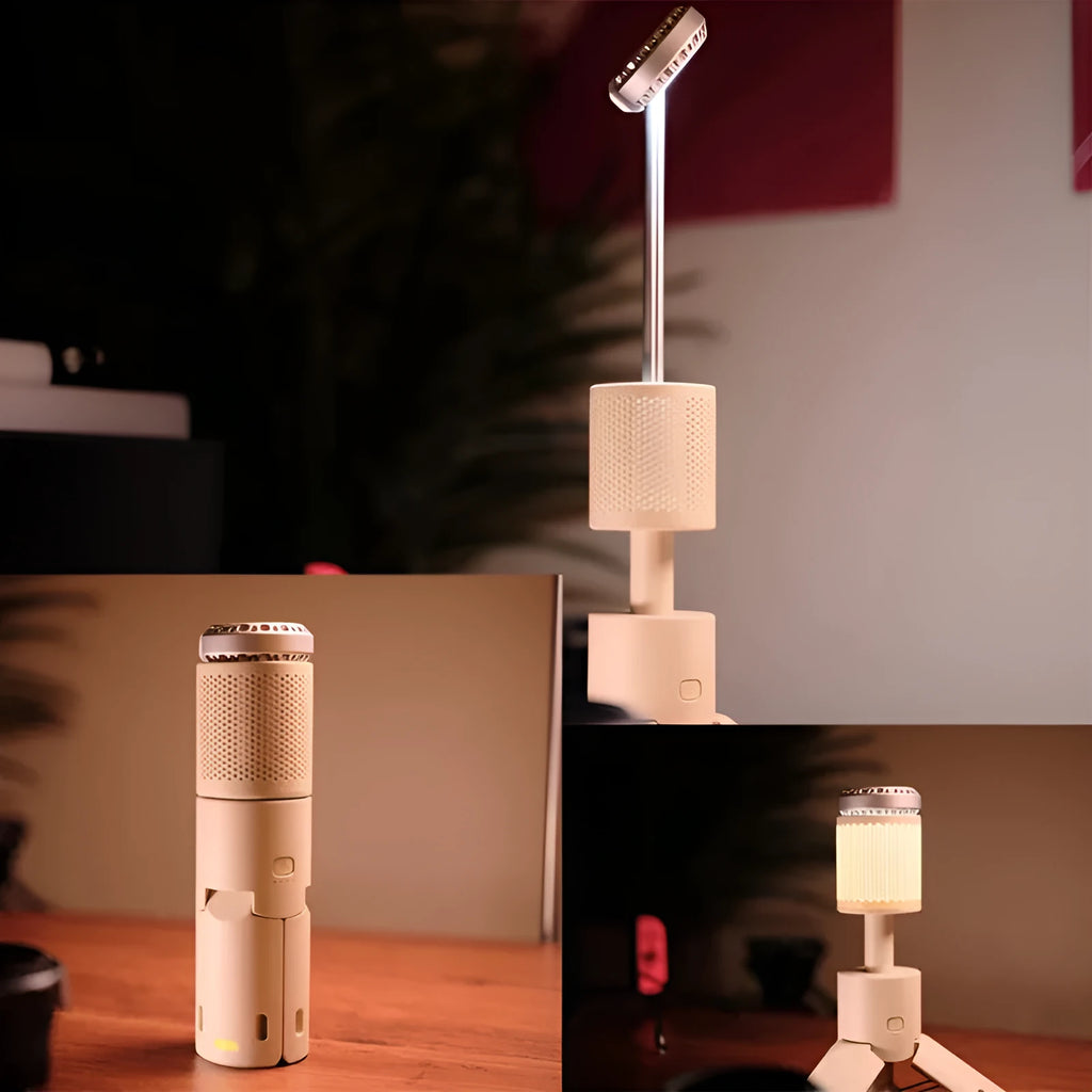 Portable camping LED lantern in off-white and dark grey colours with battery power and button switch