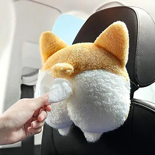 Yellow soft plush corgi butt shaped car tissue holder with elastic hanging straps.