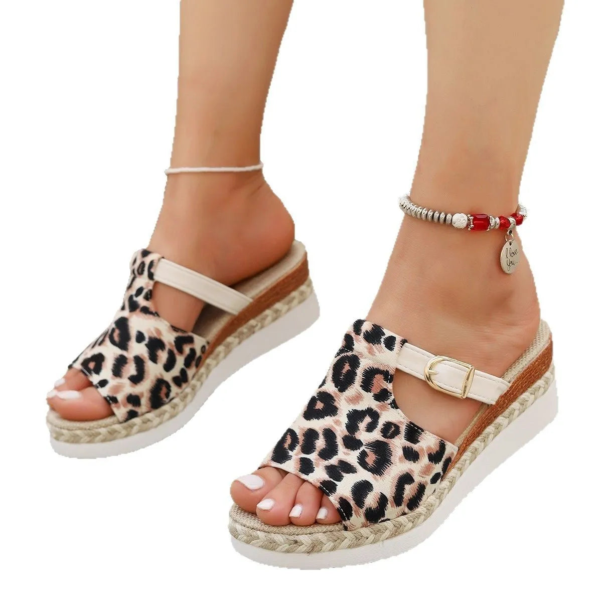 Women's leopard print platform sandals with wedge heel and fish mouth toe in beige, light green, and yellow.