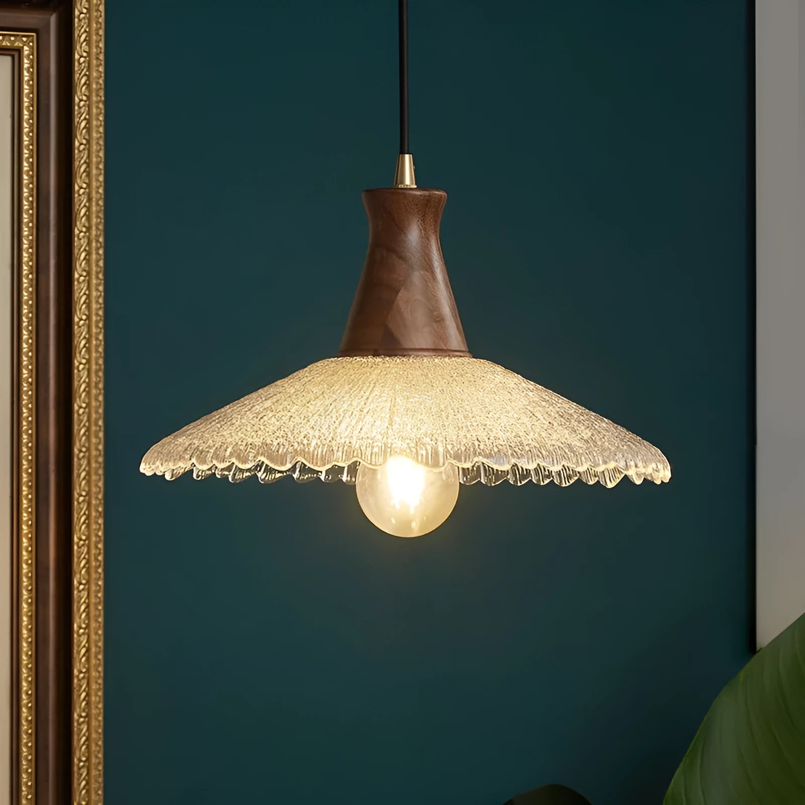 Retro-style brass and glass chandelier with wood body for ceiling mounting in restaurants.