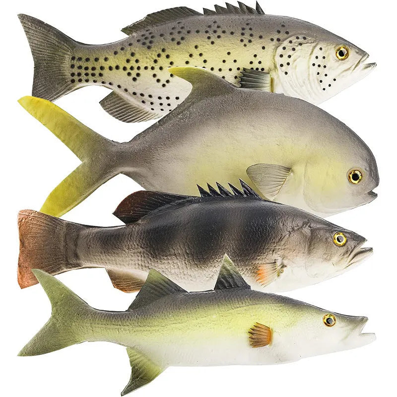 Three PU simulated fish ornaments including yellow-fin tuna and small tuna marine models