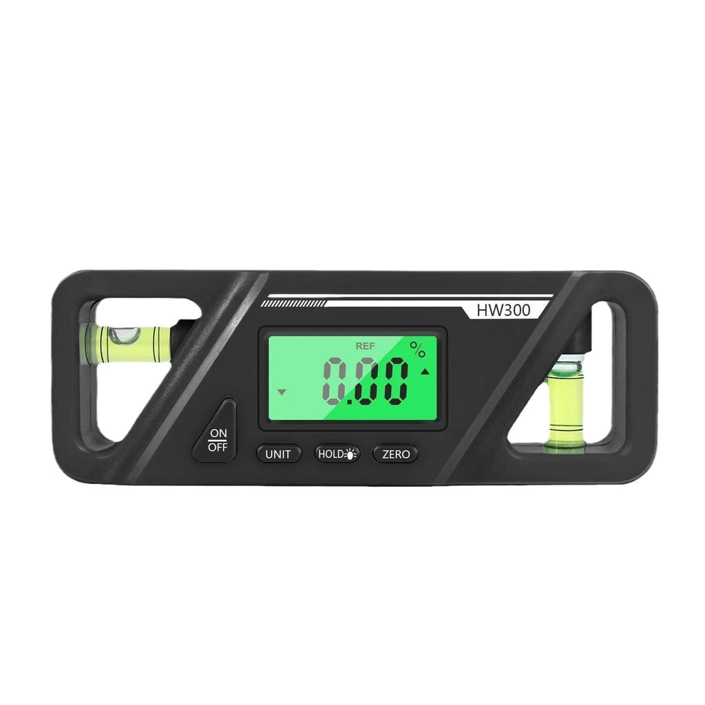 Black digital angle gauge with LCD screen and magnetic base, showing 45-degree reading.