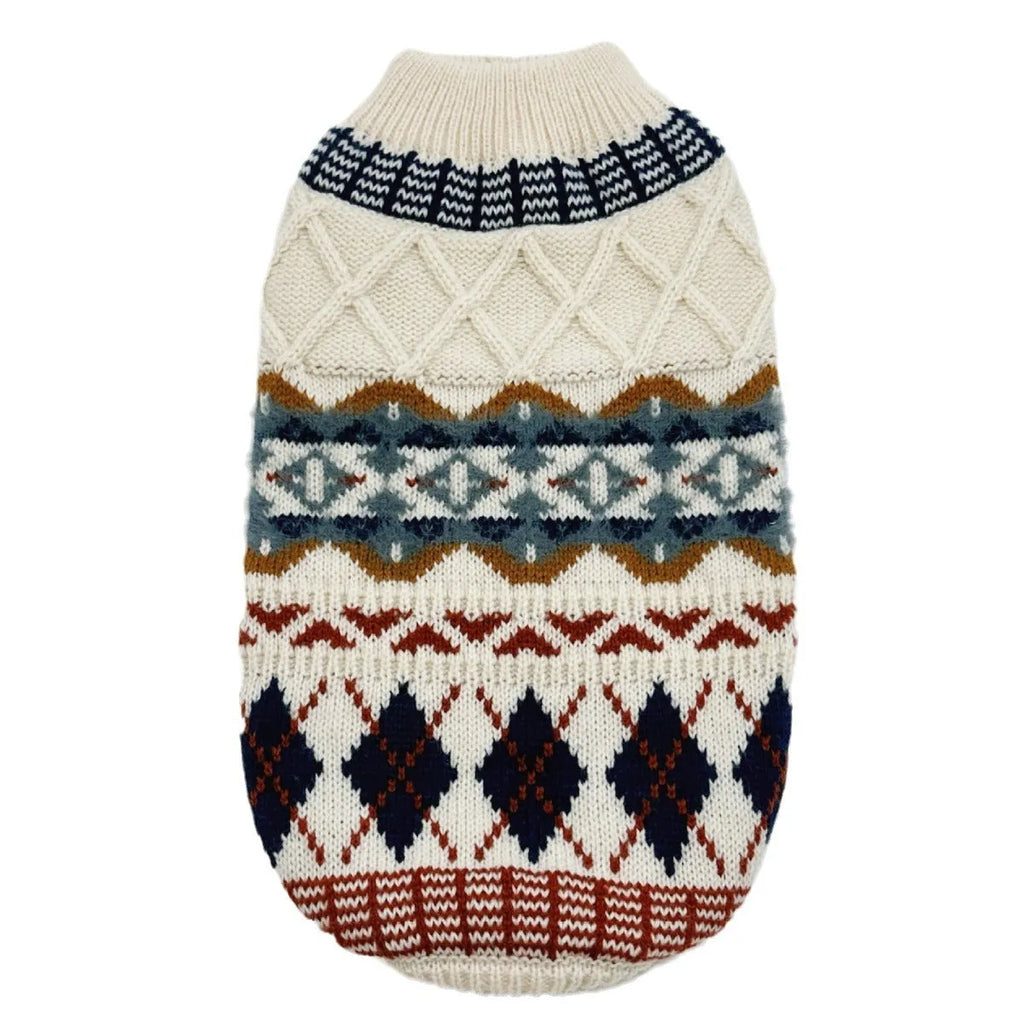 Twisted vintage diamond pattern acrylic dog sweater in British style for autumn and winter, available in sizes XS to XXL.