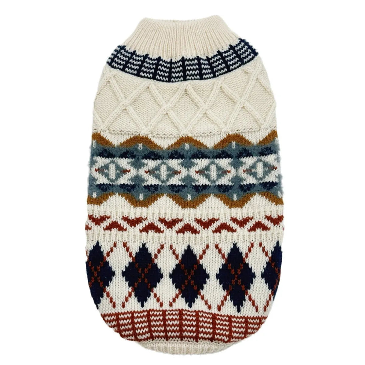 Twisted vintage diamond pattern acrylic dog sweater in British style for autumn and winter, available in sizes XS to XXL.