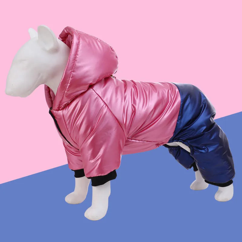 Green waterproof dog winter coat with four-legged design on medium-sized dog