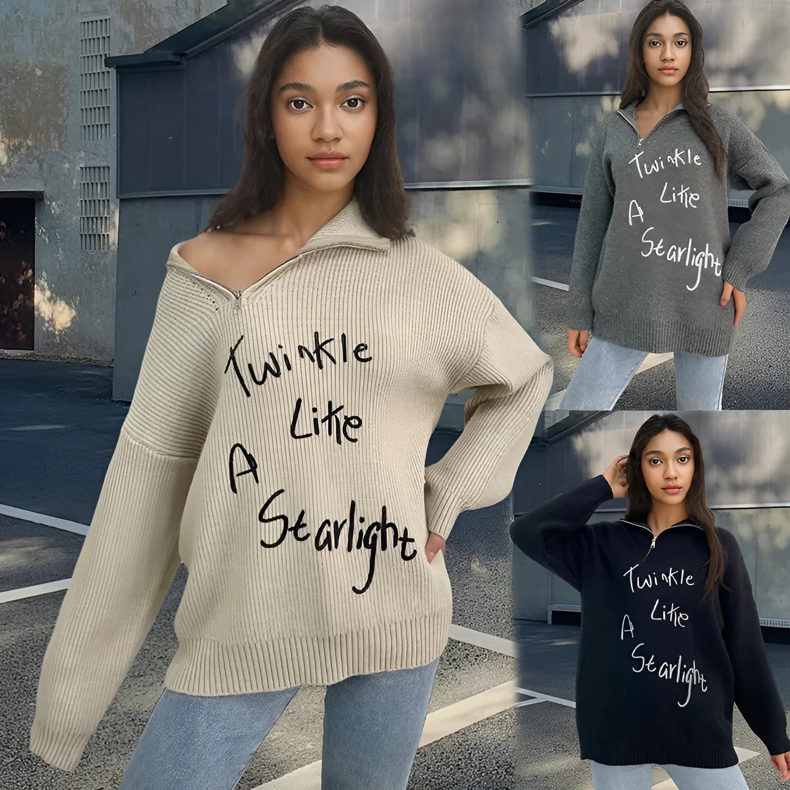 Women's light khaki Alpaca wool pullover sweater with a turtleneck, loose lapels, and a diagonal oblique zipper.