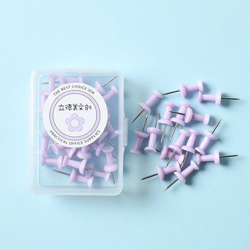 Box of plastic push pins in macaron colours - cherry blossom pink, mint green and lavender