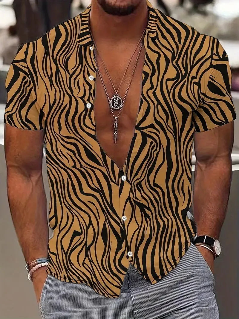 Men's slim fit geometric line print short sleeve lapel shirt in polyester on a mannequin.