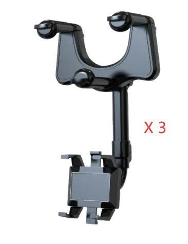 Black rearview mirror phone holder for car showing 360° rotation and retractable arm