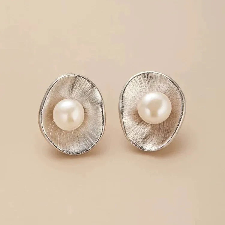 Gold plated pearl sterling silver geometric needle ear studs for women