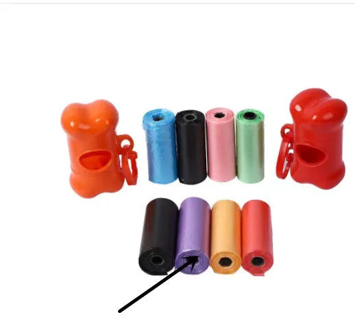 Pack of dog poop bags in six colours black blue green pink purple red sized 22.5x30cm for pet waste