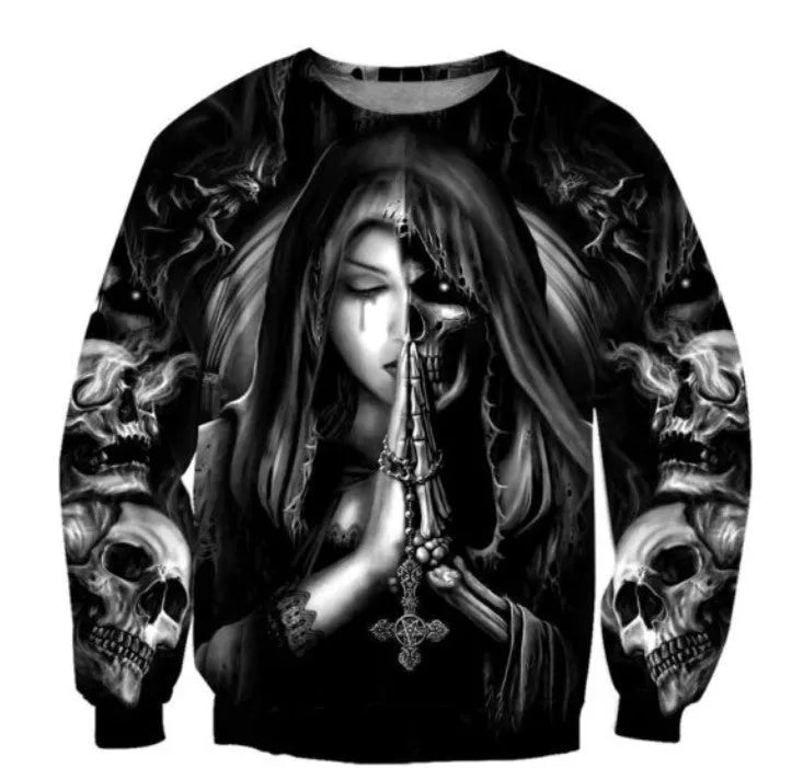 Men's black hooded sweatshirt with a large 3D white anime skull graphic on the front.