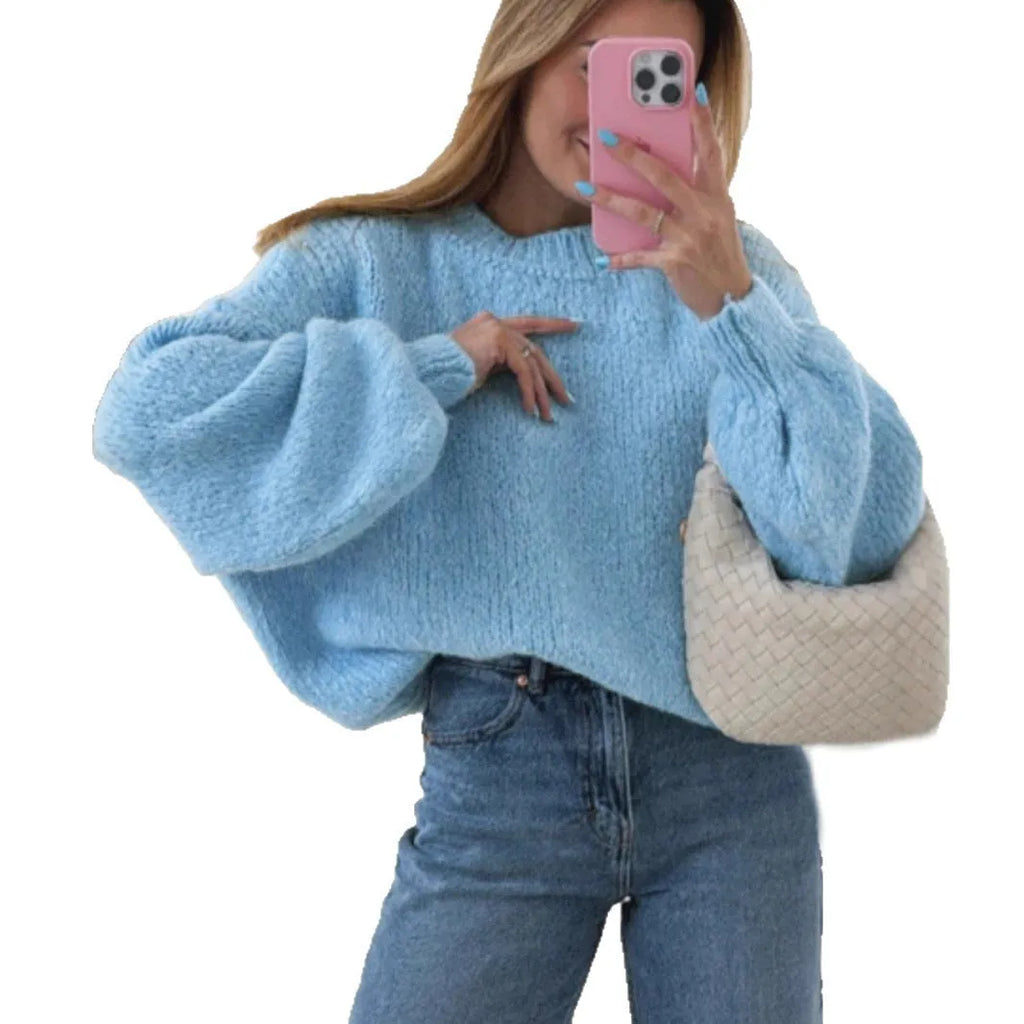 Blue round neck loose fit long sleeve pullover sweater for women