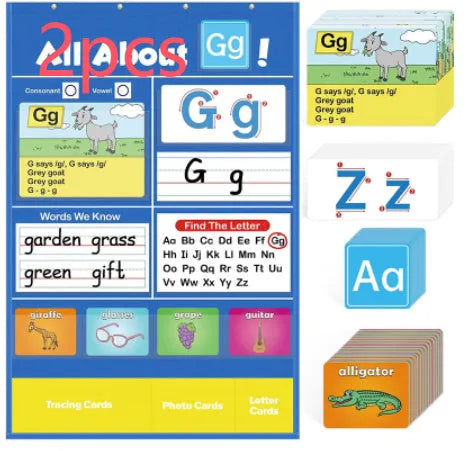 Alphabet learning sleeve chart with word cards, letter cards, and picture cards laid out for play.