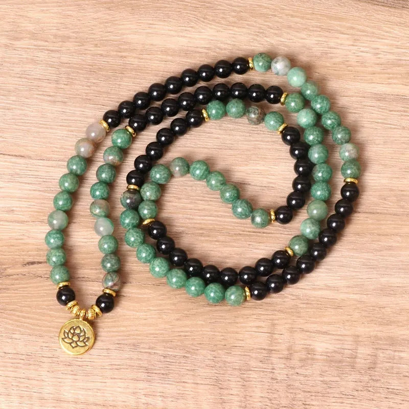 Green and black alloy elastic beaded long bracelet with stretch band