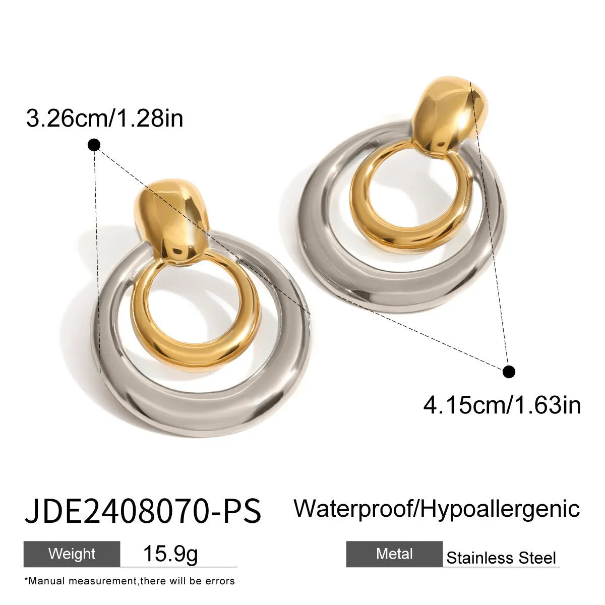Round double layer hollow stud earrings with a gold electroplated finish on a titanium steel base.