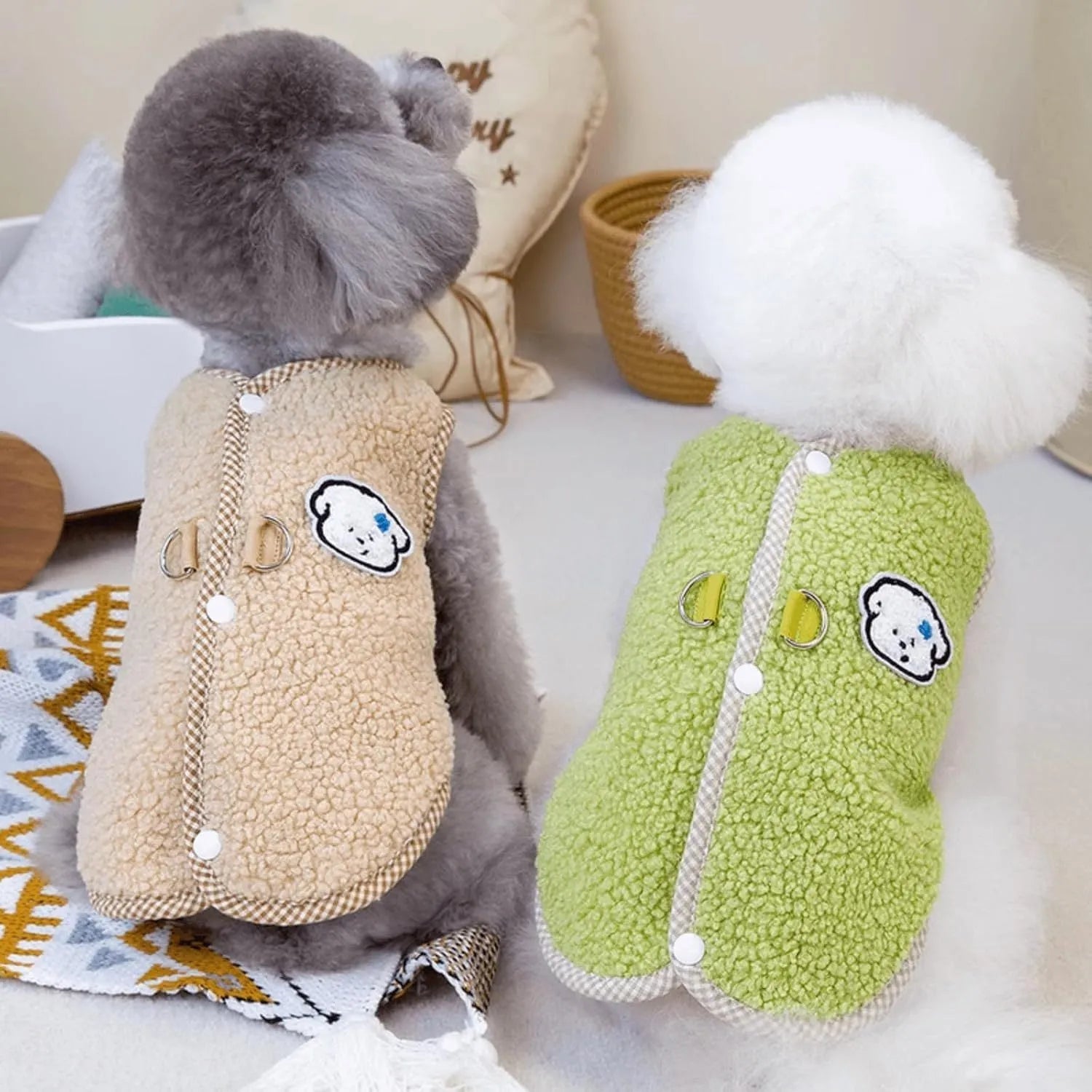 Green thickened coral fleece dog sweatshirt vest with a metal leash ring on the back