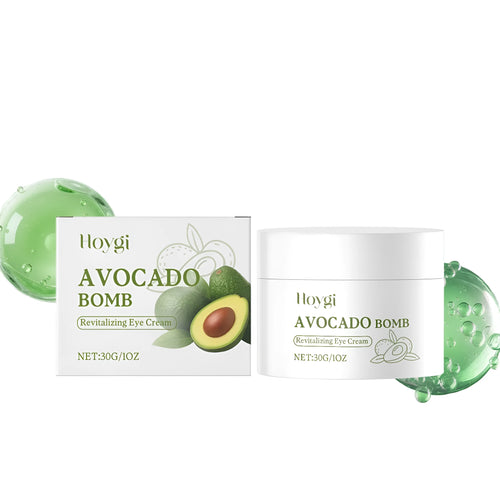 A 30g white tub of avocado anti-aging eye cream with shea butter and vitamin E.
