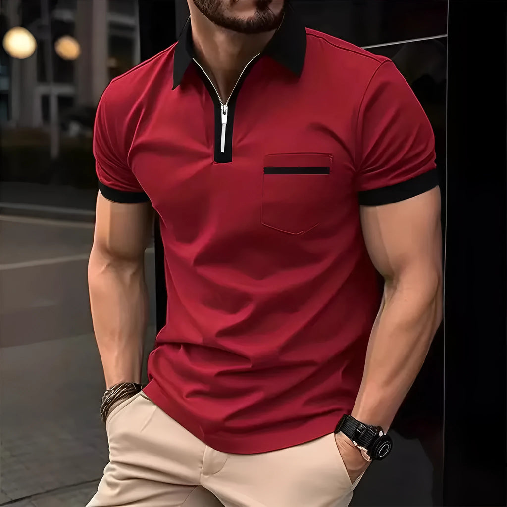 Men's loose fit casual short sleeve shirt with chest pocket and zipper decoration