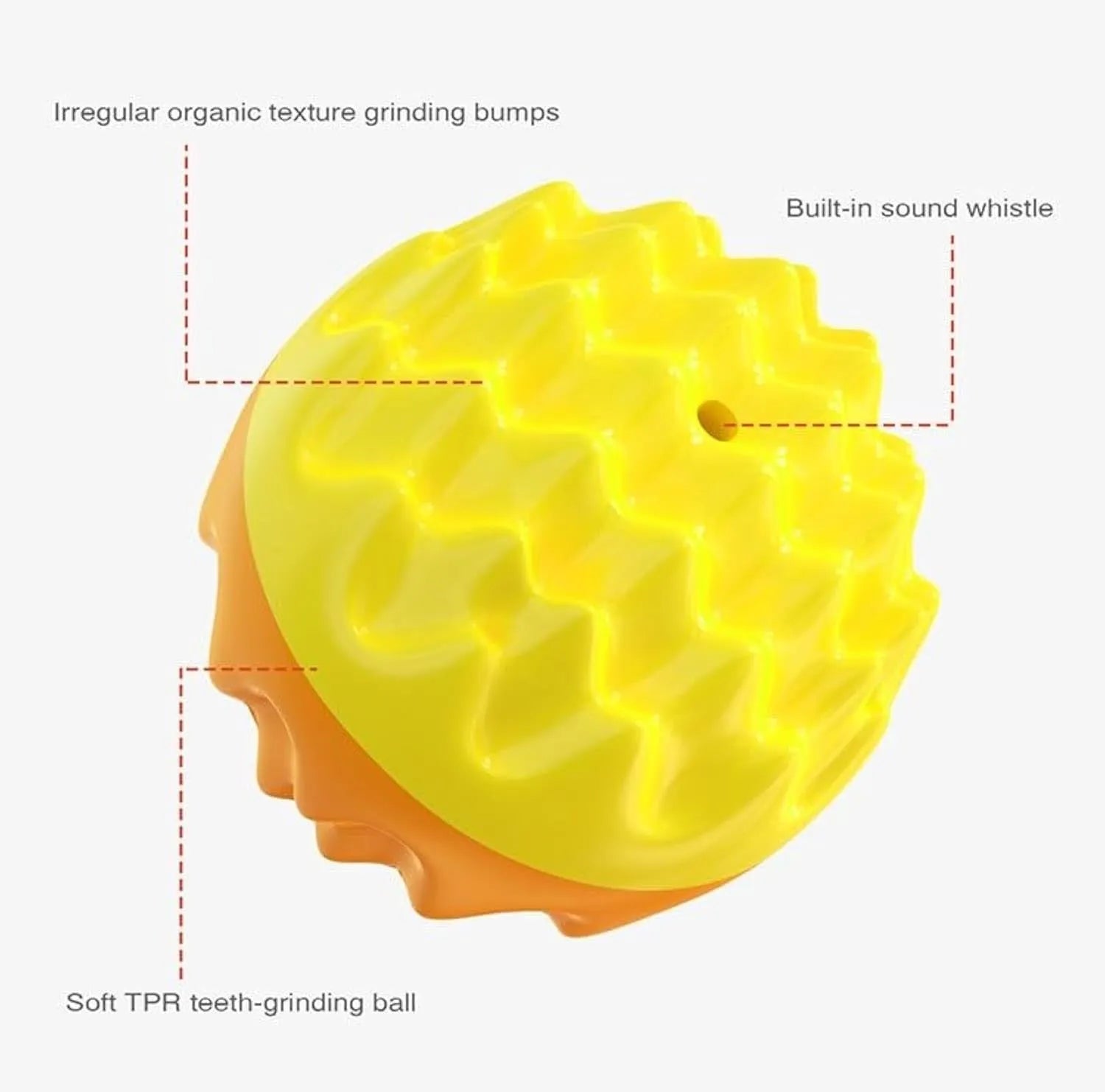 Blue and orange durable rubber squeaky dog ball with texture bumps for dental cleaning.