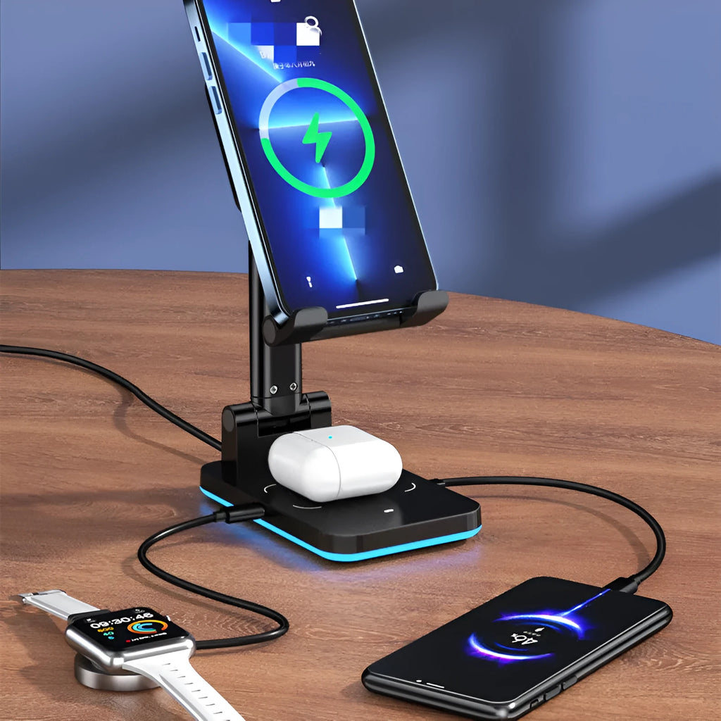 Cool Black desktop mobile phone stand and wireless charger on a wooden desk