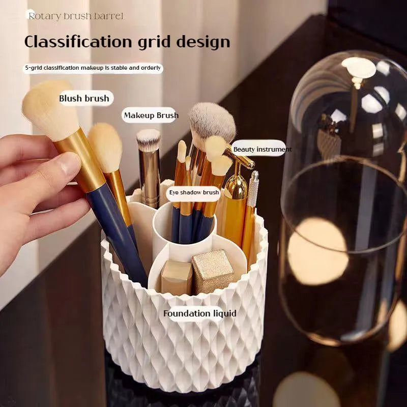 White rotating acrylic makeup brush storage box with transparent dustproof lid on dressing table
