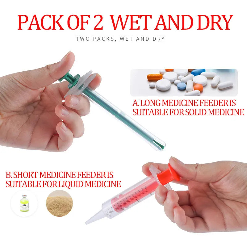 Two silicone pet pill shooter tools with soft tips for administering medication to cats and dogs.