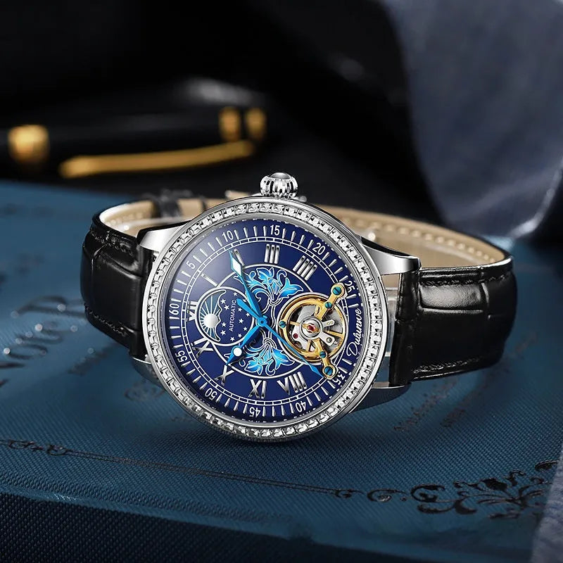 Men's stainless steel mechanical watch with transparent case back showing movement and butterfly buckle