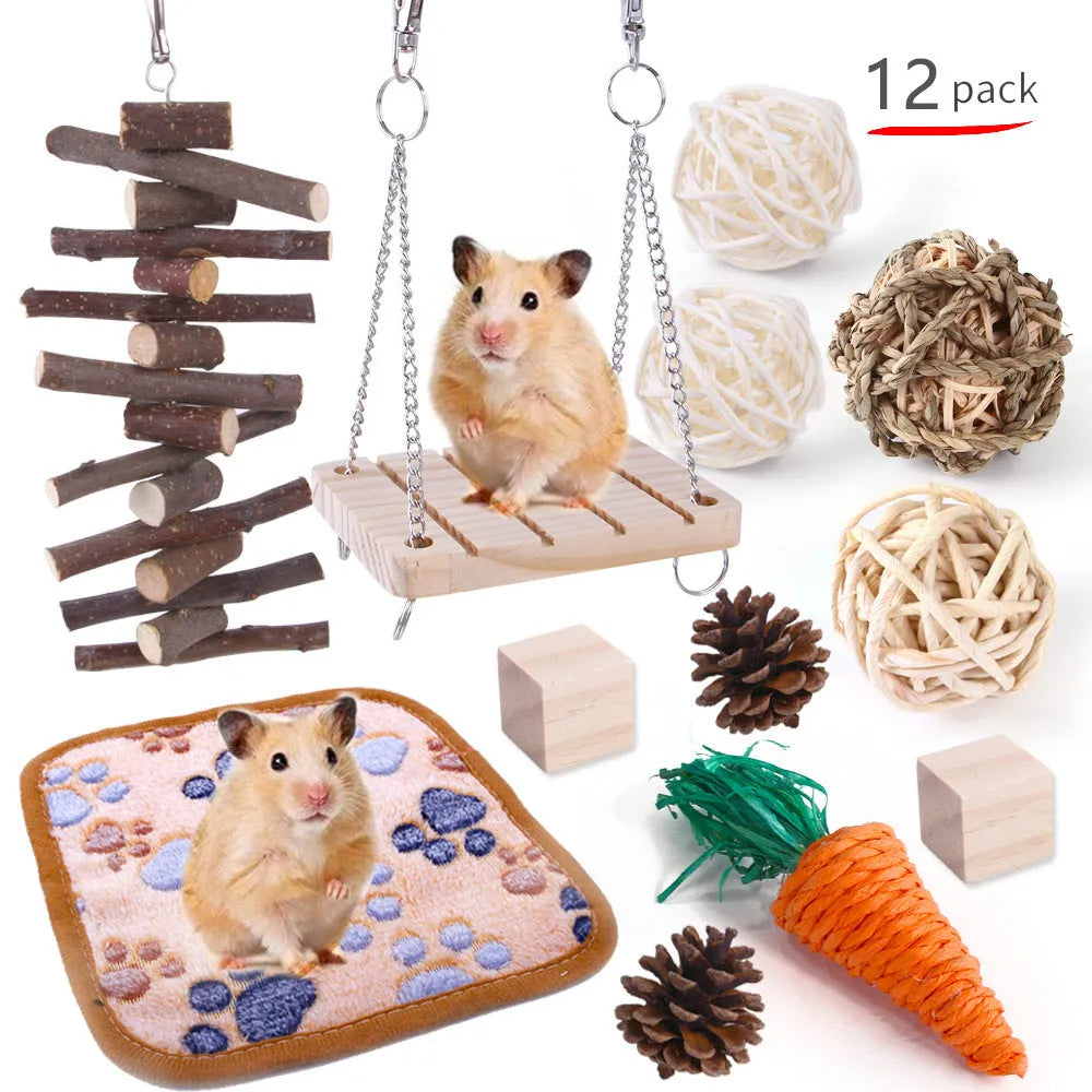 Assortment of wooden pet toys for rabbits guinea pigs and parrots in a set
