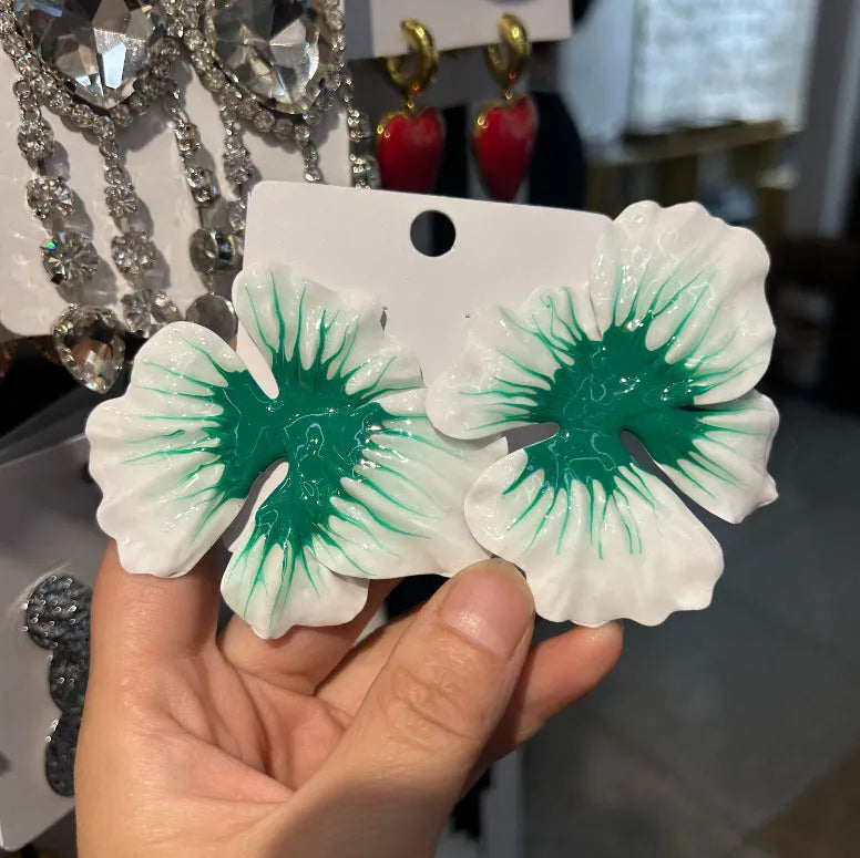 Pastoral style alloy flower stud earrings with oil-spot glaze finish in four colour variations