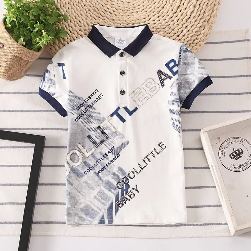 Kids short sleeve cotton shirt in grey, navy, red, or white with a lapel collar.