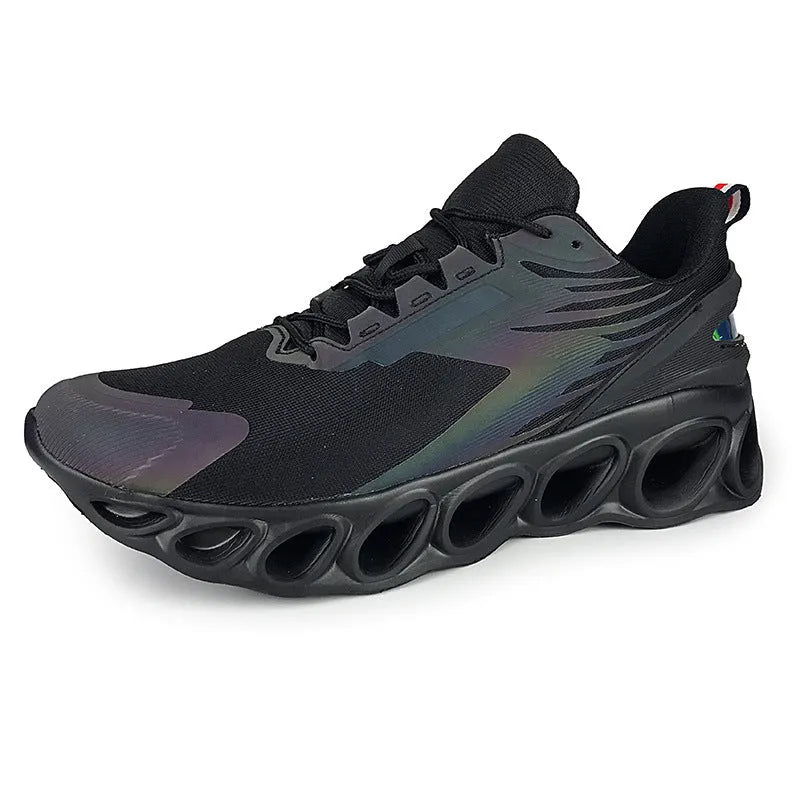 Men's casual sports shoes with mesh upper in black colour showing lace-up front and EVA sole