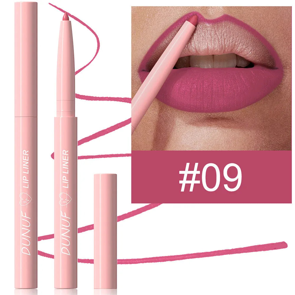 Matte velvet lip liner pencil showing 12 colour shades from nude to plum