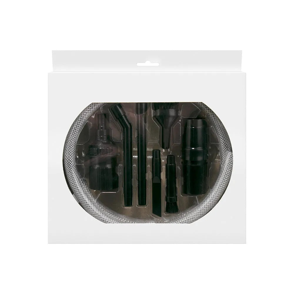 Eight-piece vacuum cleaner accessory tool set with small suction head for compact spaces