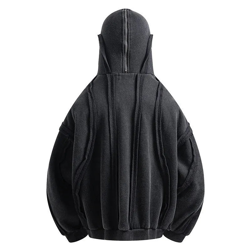 Black retro loose coat with zip front, hood, and abstract pattern design